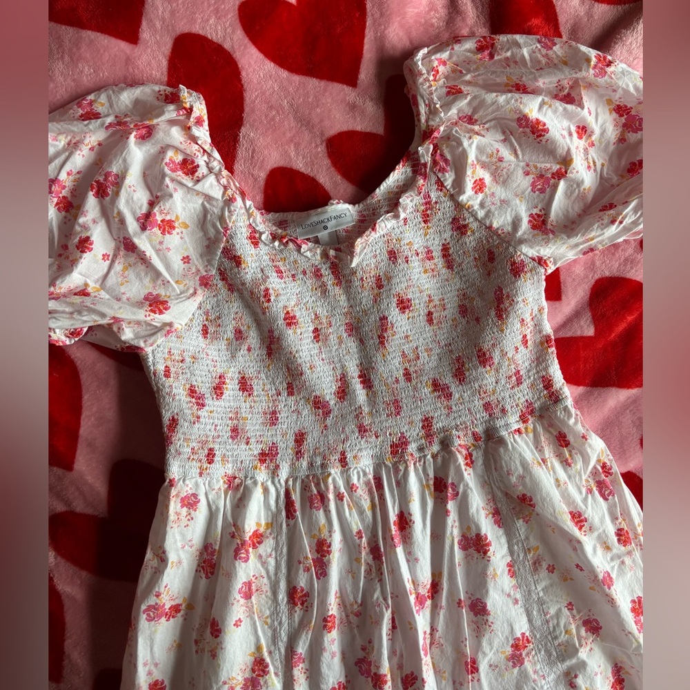 Smocked Puff Sleeve Floral Midi Dress - White with Pink Floral